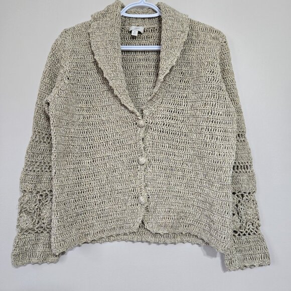 J. Jill Women's Cream Tan Linen Cotton Hand Crochet  Cardigan M - Picture 1 of 14